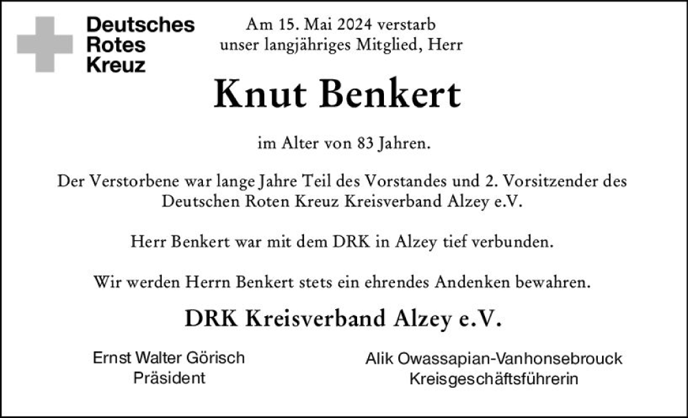  Traueranzeige für Knut Benkert vom 23.05.2024 aus Allgemeine Zeitung Alzey