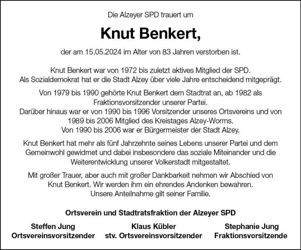  Traueranzeige für Knut Benkert vom 23.05.2024 aus Allgemeine Zeitung Alzey