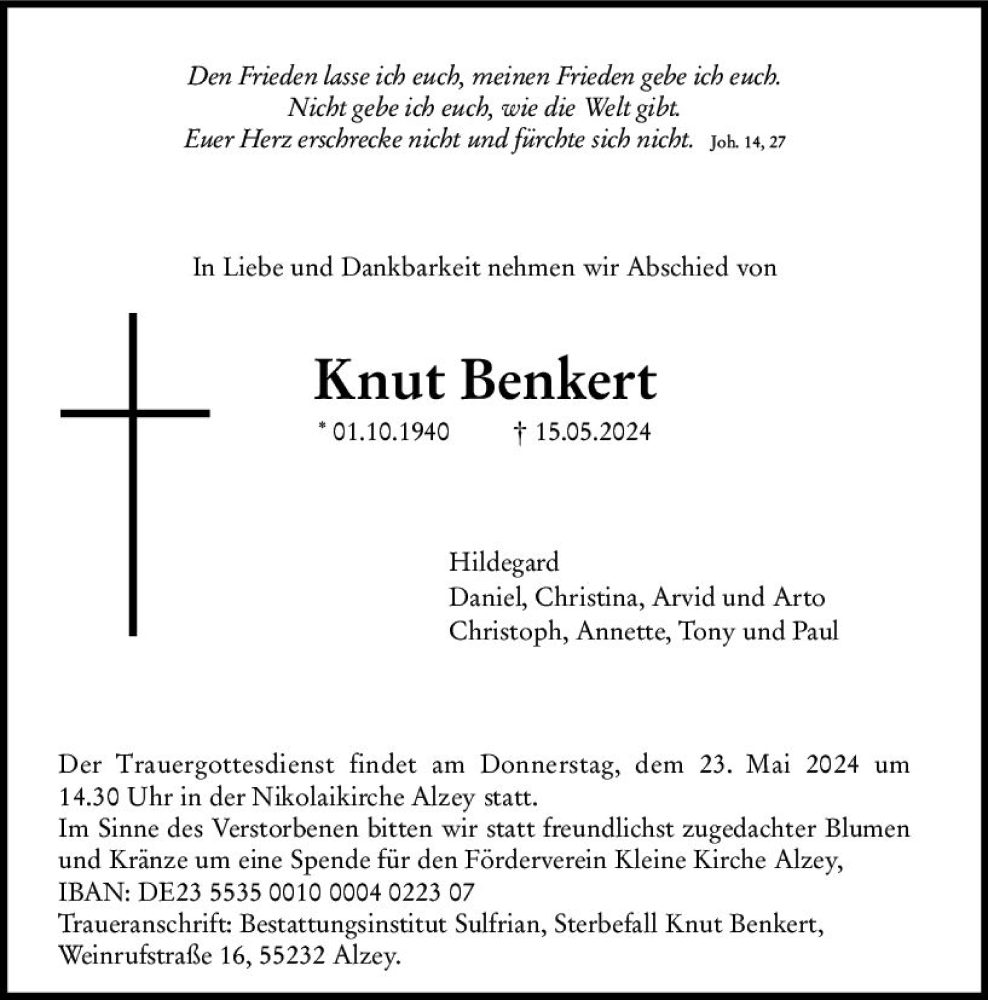  Traueranzeige für Knut Benkert vom 18.05.2024 aus Allgemeine Zeitung Alzey
