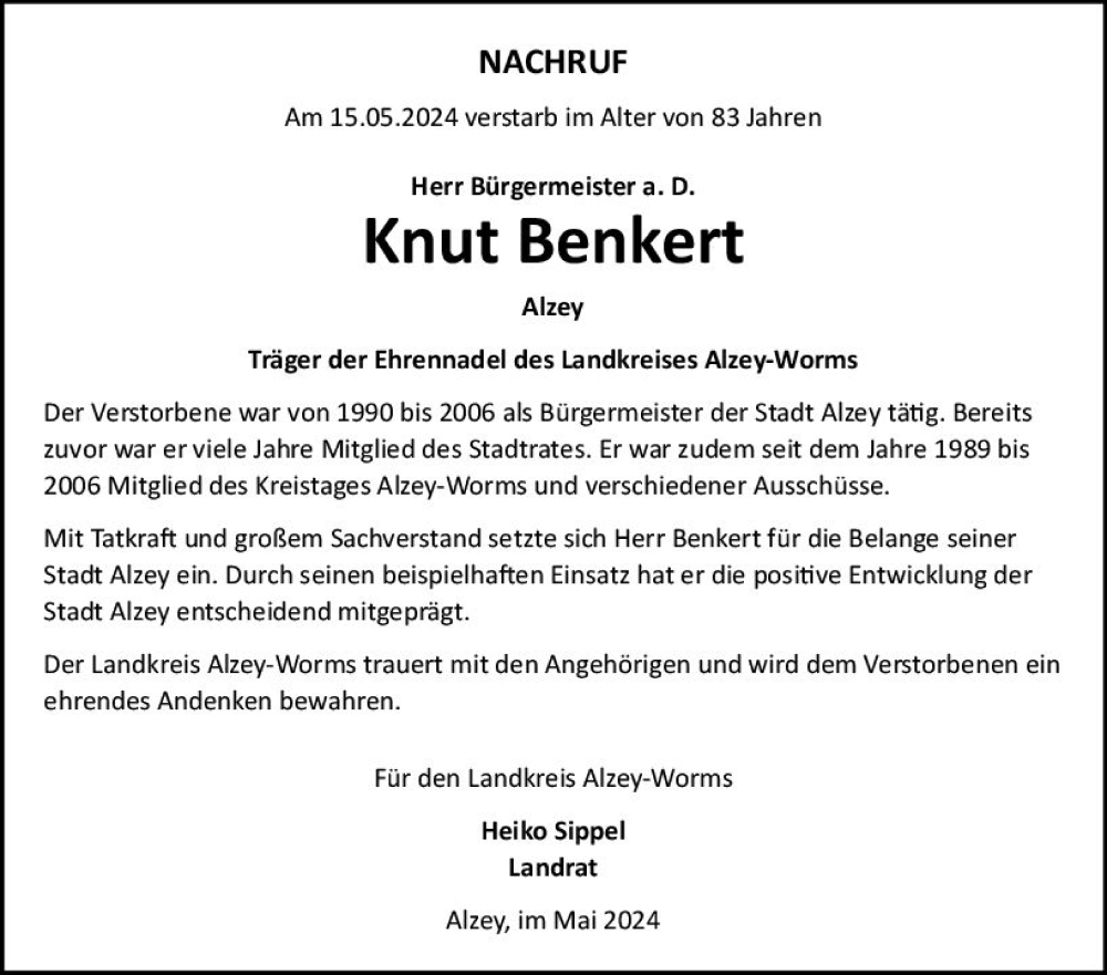  Traueranzeige für Knut Benkert vom 23.05.2024 aus Allgemeine Zeitung Alzey