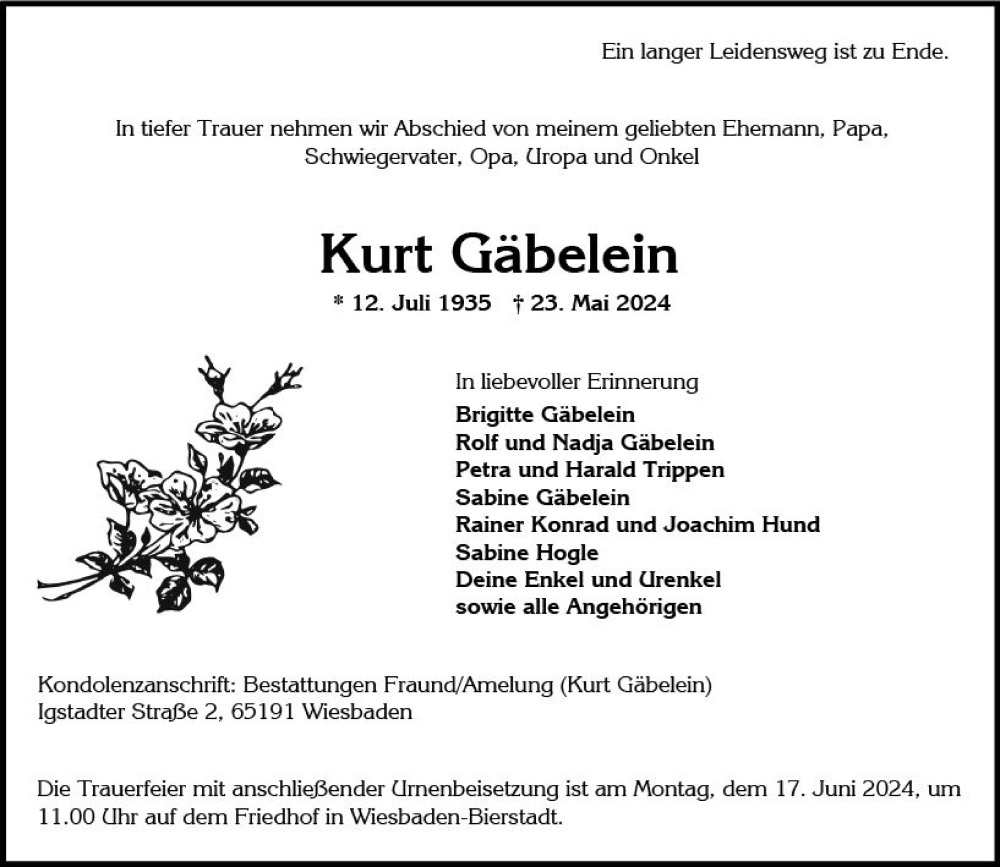  Traueranzeige für Kurt Gäbelein vom 01.06.2024 aus Wiesbadener Kurier