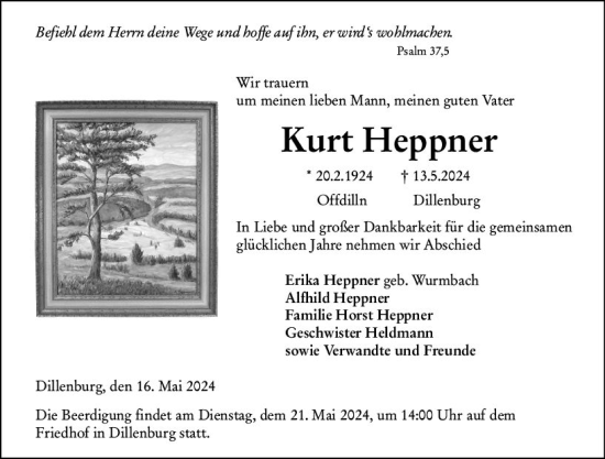 Traueranzeige von Kurt Heppner von Dill Block