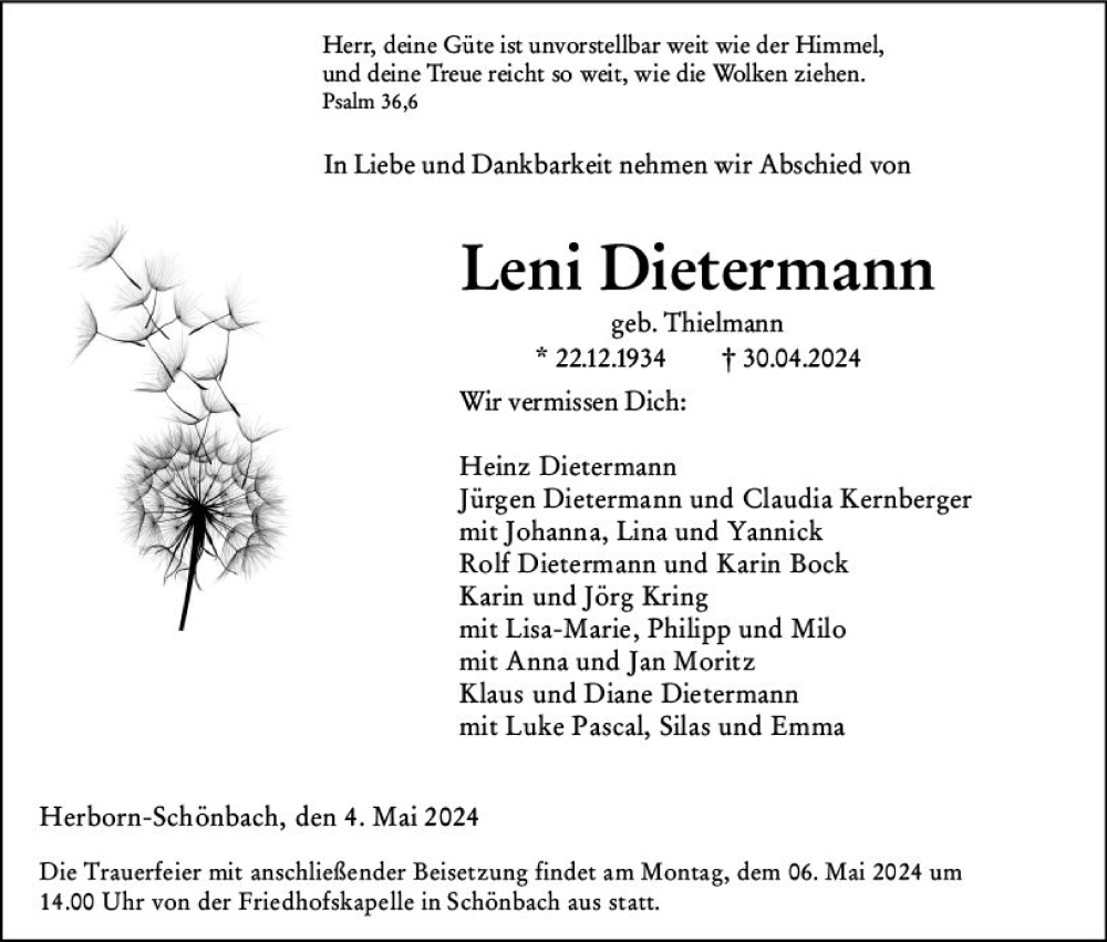  Traueranzeige für Leni Dietermann vom 04.05.2024 aus Dill Block