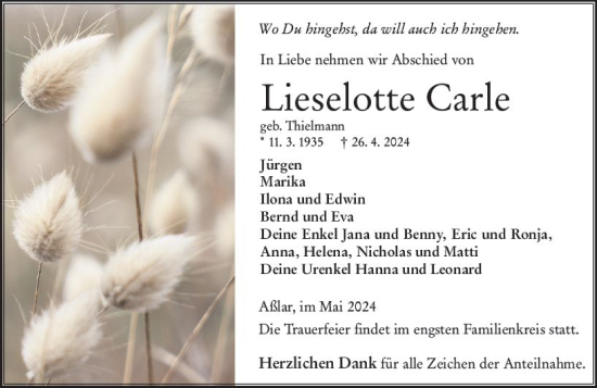 Traueranzeige von Lieselotte Carle von Wetzlarer Neue Zeitung