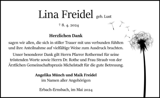 Traueranzeige von Lina Freidel von Odenwälder Echo