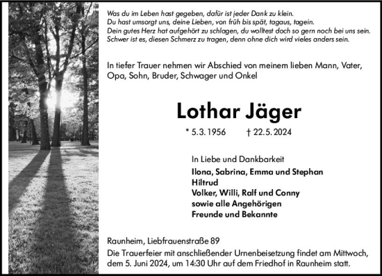 Traueranzeige von Lothar Jäger von Rüsselsheimer Echo