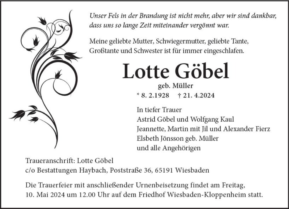  Traueranzeige für Lotte Göbel vom 04.05.2024 aus Wiesbadener Kurier