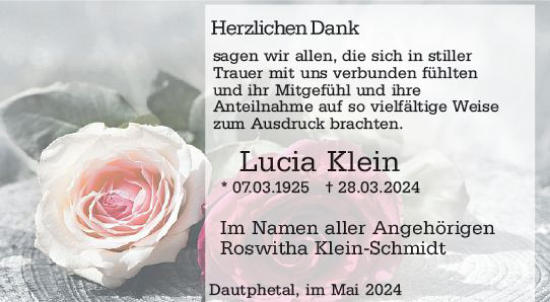 Traueranzeige von Lucia Klein von Hinterländer Anzeiger