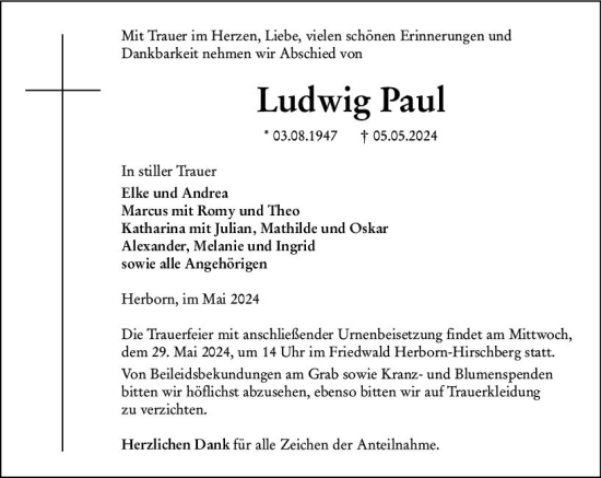 Traueranzeige von Ludwig Paul von Dill Block
