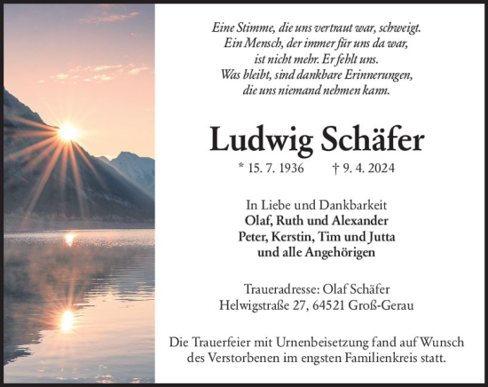 Traueranzeige von Ludwig Schäfer von Groß-Gerauer Echo