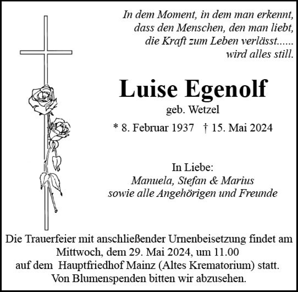  Traueranzeige für Luise Egenolf vom 25.05.2024 aus Allgemeine Zeitung Mainz
