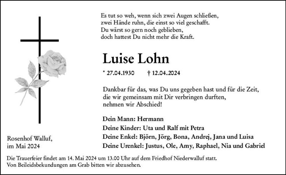  Traueranzeige für Luise Lohn vom 04.05.2024 aus Rheingau Kurier