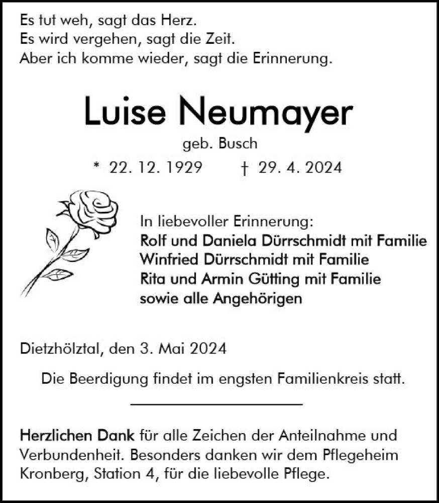  Traueranzeige für Luise Neumayer vom 03.05.2024 aus Dill Block