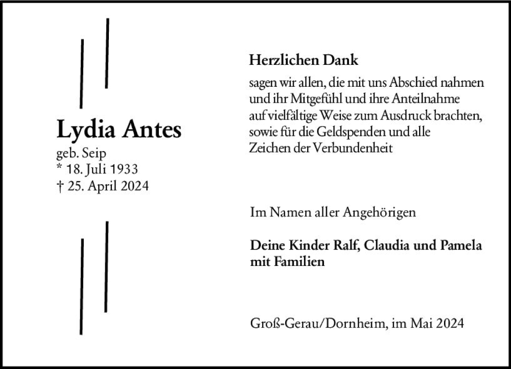  Traueranzeige für Lydia Antes vom 11.05.2024 aus Groß-Gerauer Echo