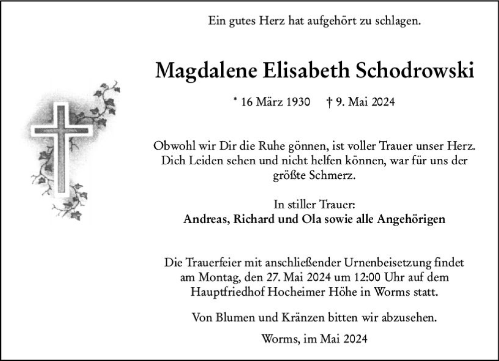  Traueranzeige für Magdalene Elisabeth Schodrowski vom 25.05.2024 aus Wormser Zeitung