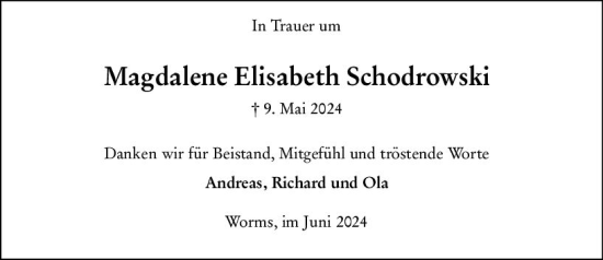 Traueranzeige von Magdalene Elisabeth Schodrowski von Wormser Zeitung