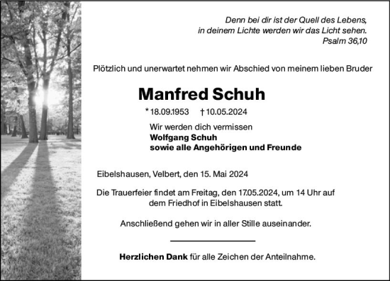 Traueranzeige von Manfred Schuh von Dill Block