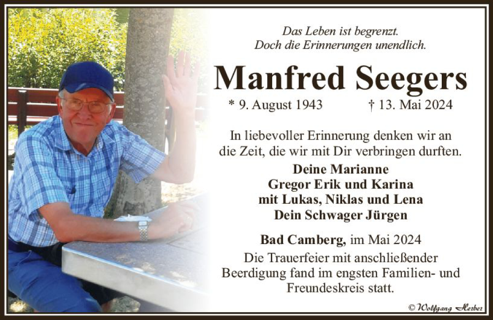  Traueranzeige für Manfred Seegers vom 23.05.2024 aus Camberger Anzeiger