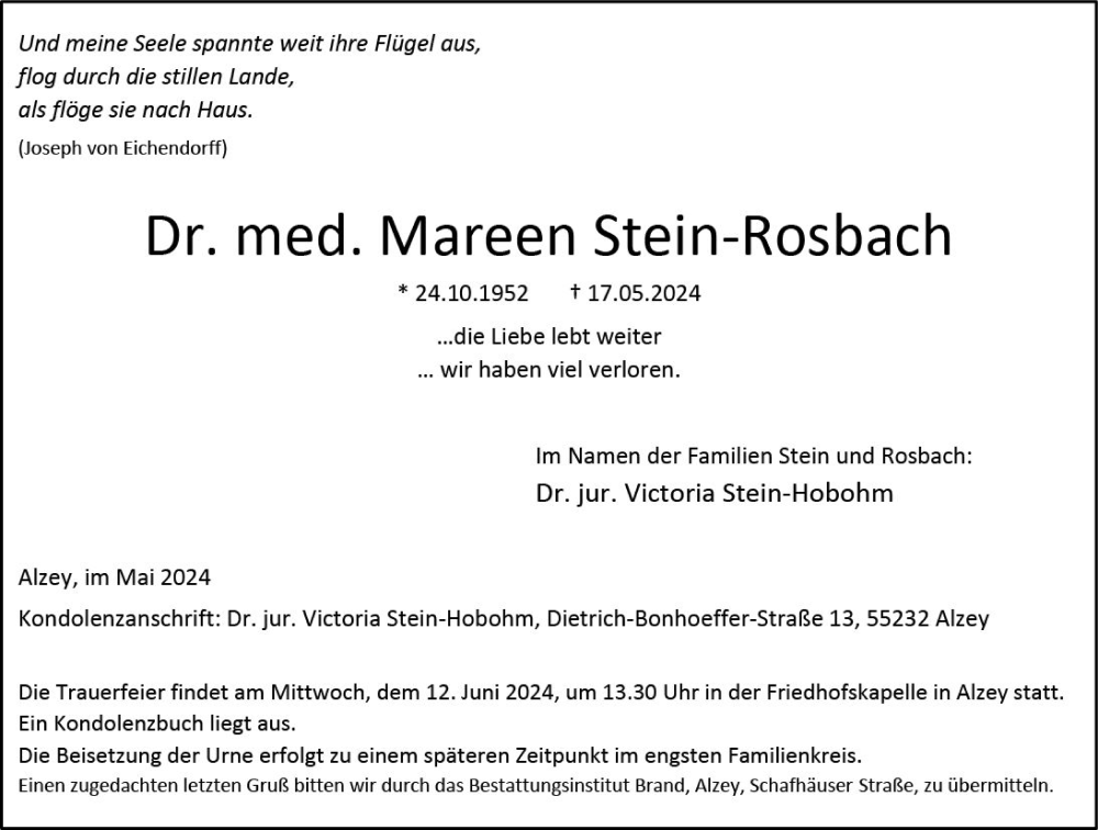  Traueranzeige für Mareen Stein-Rosbach vom 25.05.2024 aus Allgemeine Zeitung Alzey