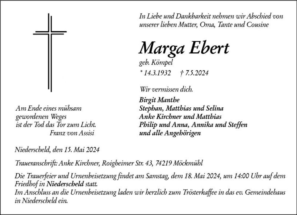  Traueranzeige für Marga Ebert vom 15.05.2024 aus Dill Block