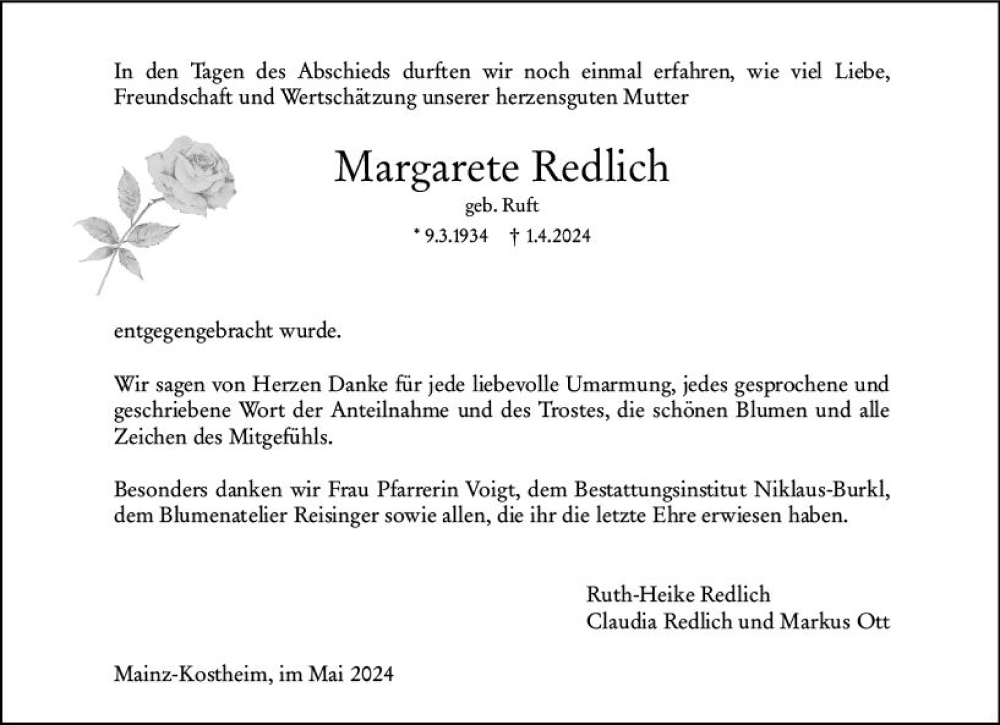  Traueranzeige für Margarete Redlich vom 04.05.2024 aus Wiesbadener Kurier