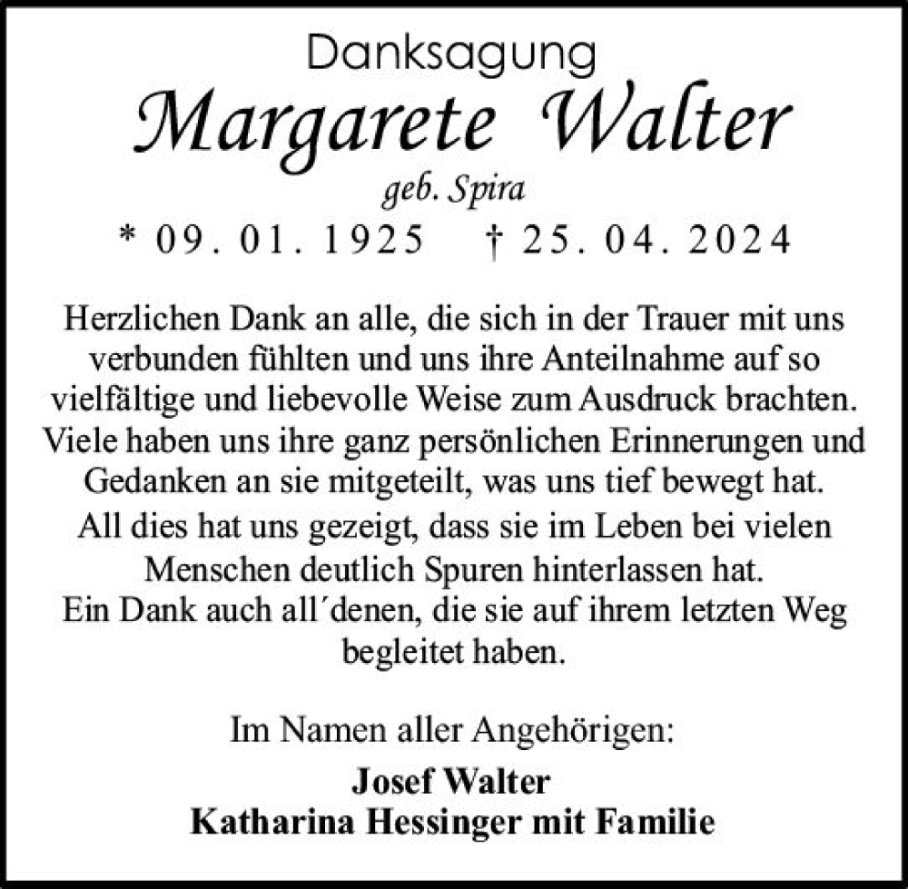  Traueranzeige für Margarete Walter vom 25.05.2024 aus Allgemeine Zeitung Bingen/Ingelheim