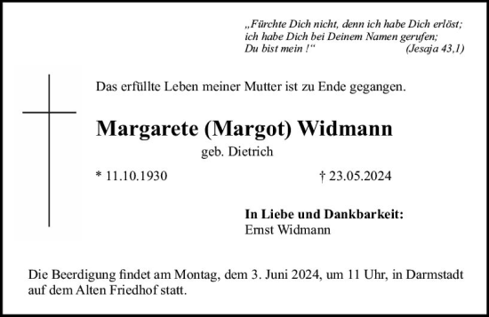 Traueranzeige von Margarete Widmann von Darmstädter Echo