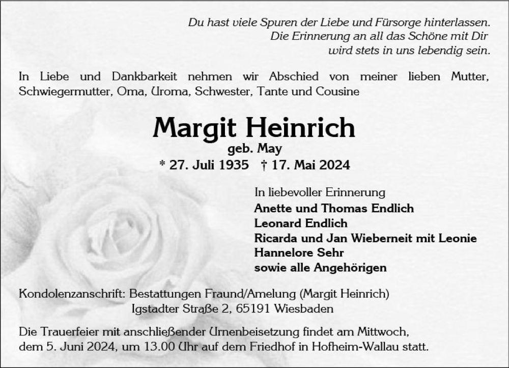  Traueranzeige für Margit Heinrich vom 01.06.2024 aus Wiesbadener Kurier