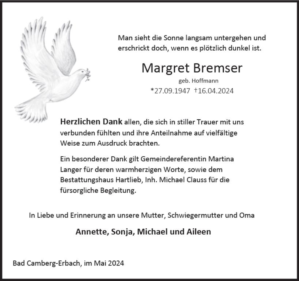  Traueranzeige für Margret Bremser vom 23.05.2024 aus Camberger Anzeiger