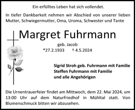 Traueranzeige von Margret Fuhrmann von Darmstädter Echo