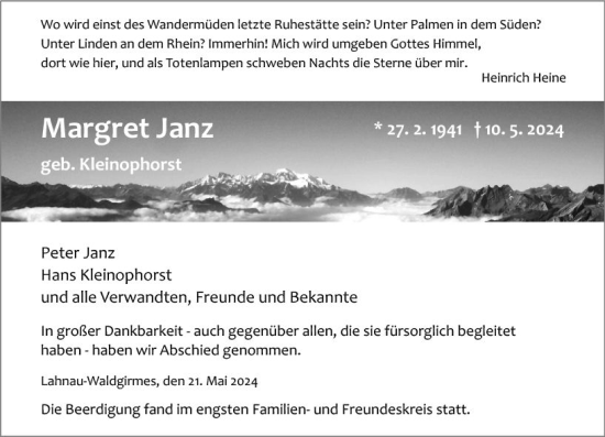 Traueranzeige von Margret  Janz von Wetzlarer Neue Zeitung