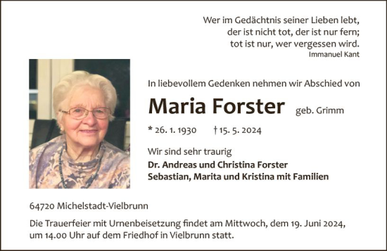 Traueranzeige von Maria Forster von Odenwälder Echo