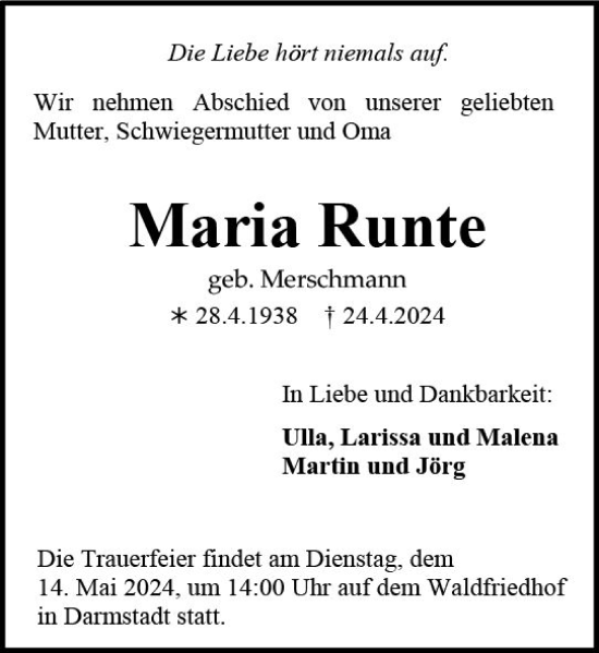 Traueranzeige von Maria Runte von Darmstädter Echo