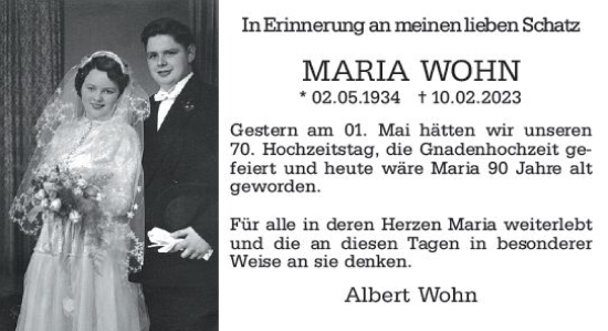 Traueranzeige von Maria Wohn von Allgemeine Zeitung Mainz