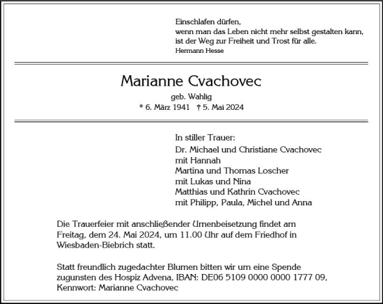Traueranzeige von Marianne Cvachovec von Wiesbadener Kurier