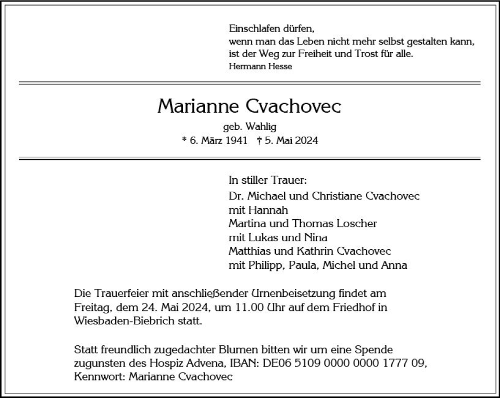  Traueranzeige für Marianne Cvachovec vom 11.05.2024 aus Wiesbadener Kurier