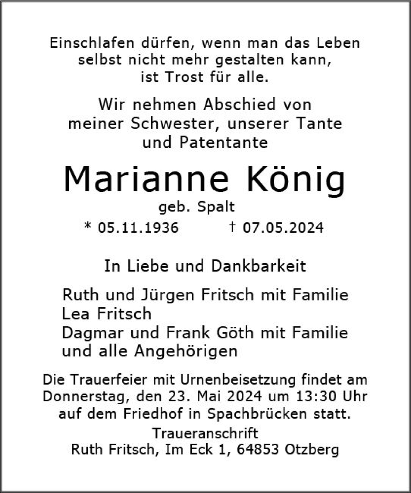  Traueranzeige für Marianne König vom 16.05.2024 aus Darmstädter Echo