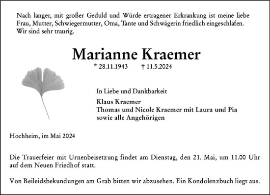 Traueranzeige von Marianne Kraemer von Hochheimer Zeitung