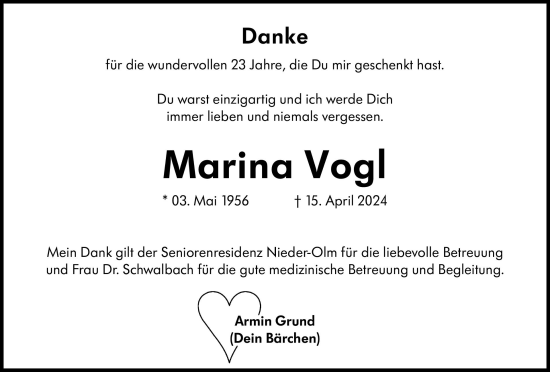 Traueranzeige von Marina Vogl von Allgemeine Zeitung Mainz