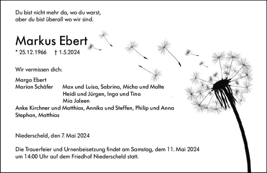 Traueranzeige von Markus Ebert von Dill Block