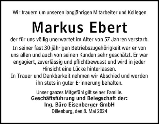 Traueranzeige von Markus Ebert von Dill Block