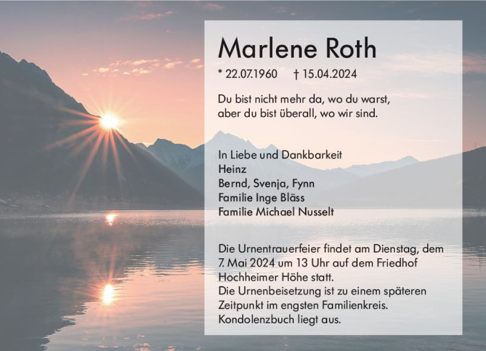  Traueranzeige für Marlene Roth vom 04.05.2024 aus Wormser Zeitung