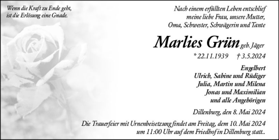 Traueranzeige von Marlies Grün von Dill Block