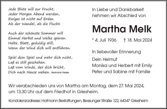 Traueranzeige von Martha Melk von Darmstädter Echo