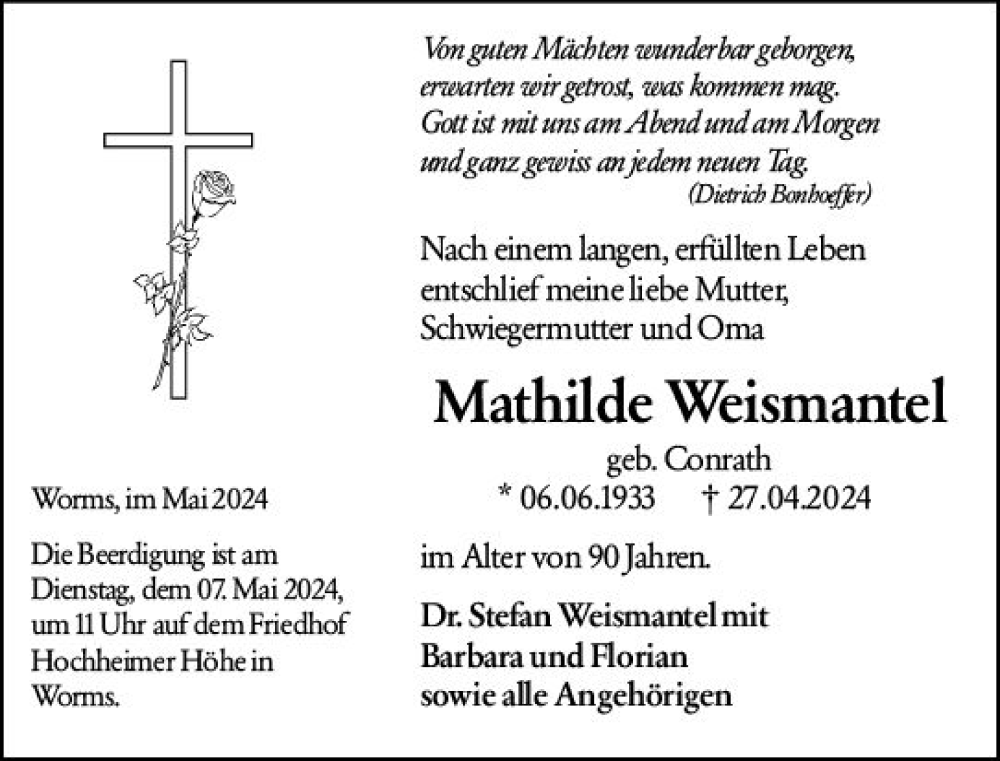  Traueranzeige für Mathilde Weismantel vom 04.05.2024 aus Wormser Zeitung