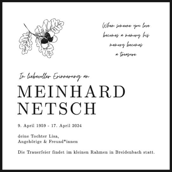 Traueranzeige von Meinhard Netsch von Hinterländer Anzeiger
