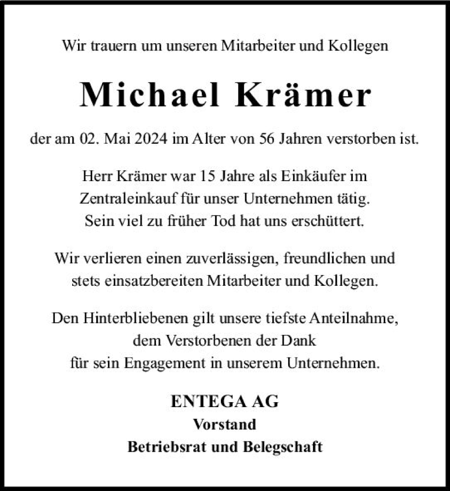  Traueranzeige für Michael Krämer vom 25.05.2024 aus Odenwälder Echo