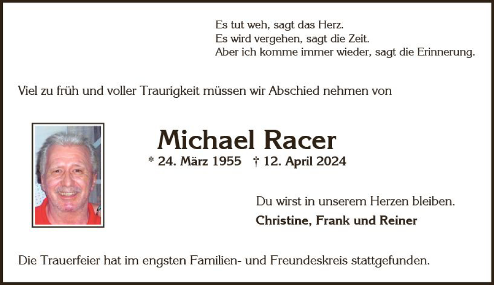  Traueranzeige für Michael Racer vom 11.05.2024 aus Wiesbadener Kurier