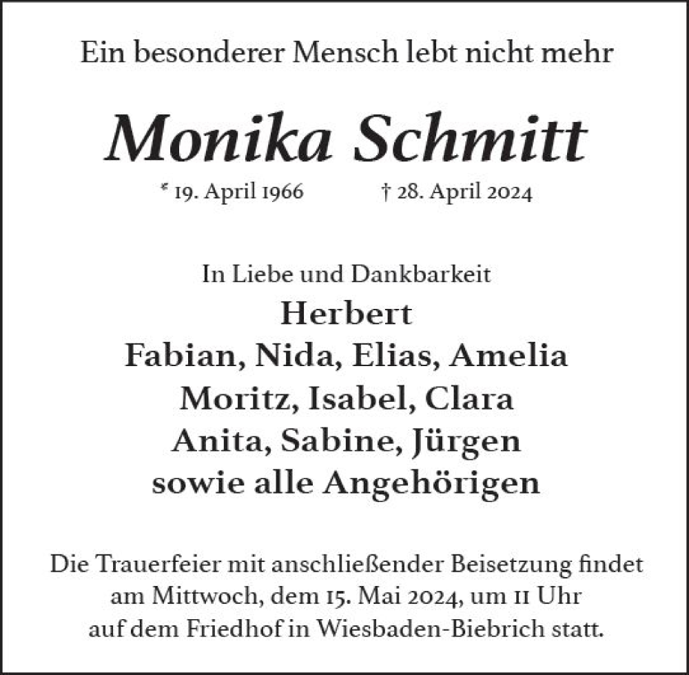  Traueranzeige für Monika Schmitt vom 04.05.2024 aus Wiesbadener Kurier