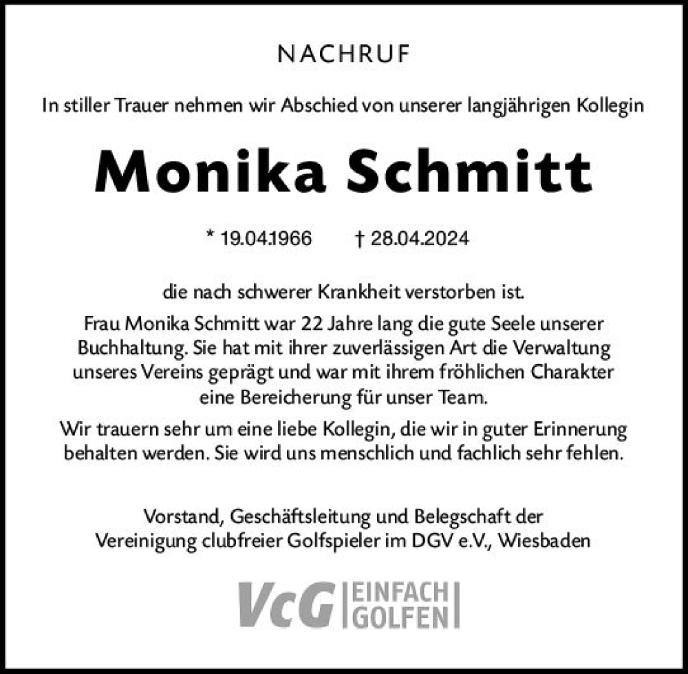  Traueranzeige für Monika Schmitt vom 11.05.2024 aus Wiesbadener Kurier